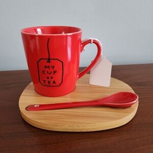 My Cup Of Tea NEW Set. Wood Saucer, Red Mug, Ceramic Spoon